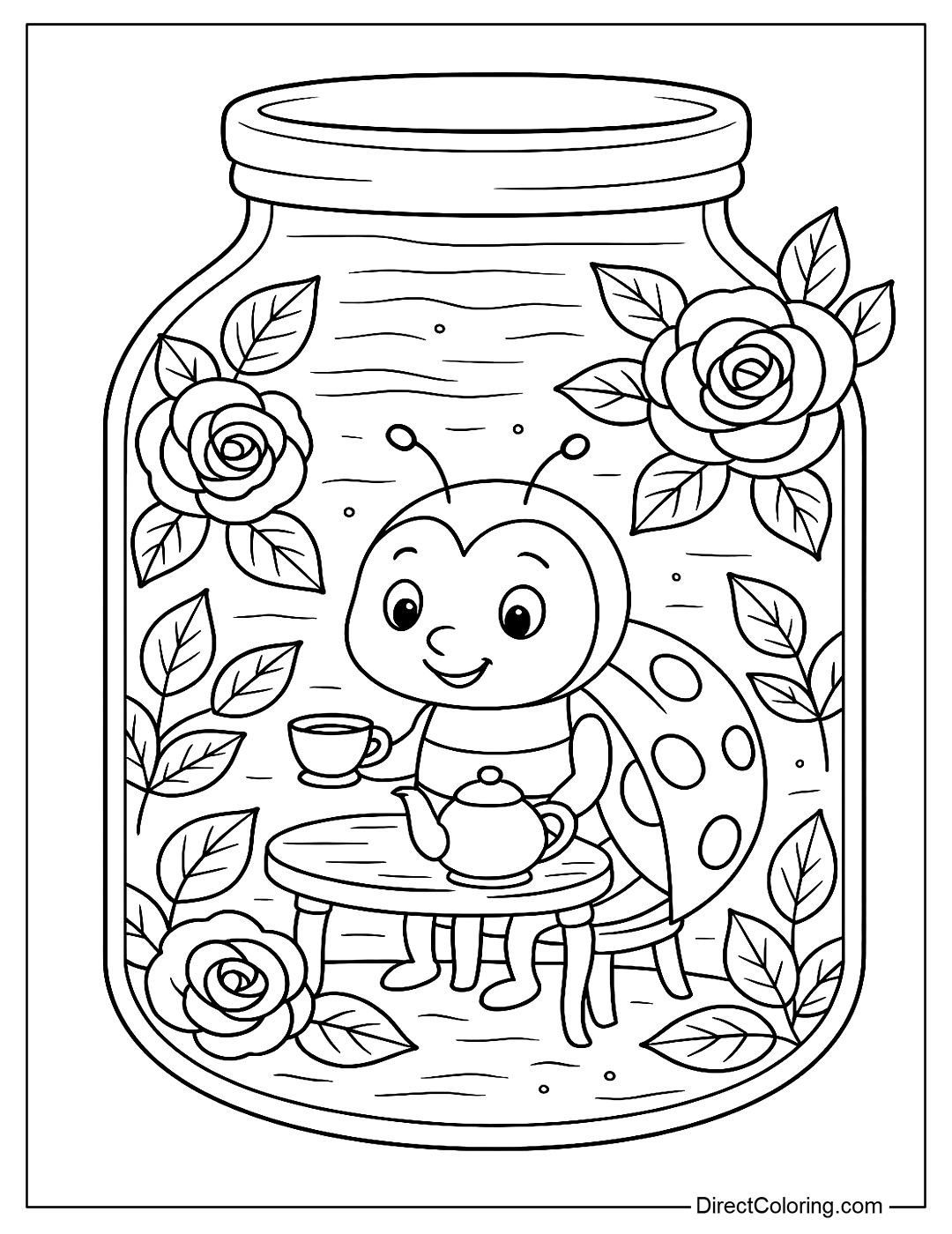 A ladybug drinking tea in a jar, with a tea table, roses, and green leaves.
